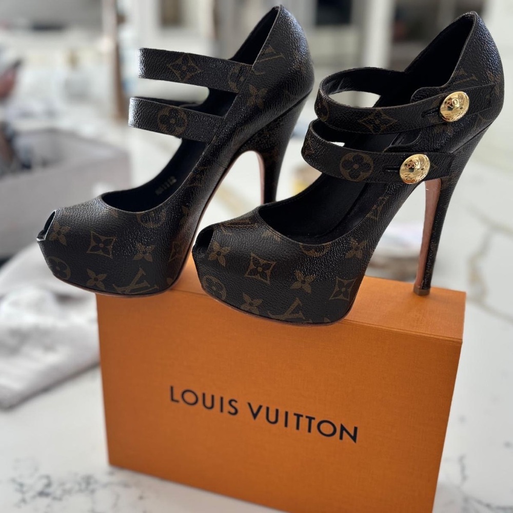 Louis Vuitton Black and Gold Stiletto Heels with Mary Jane Straps